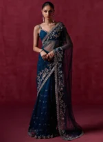 Blue Embroidered Net Saree