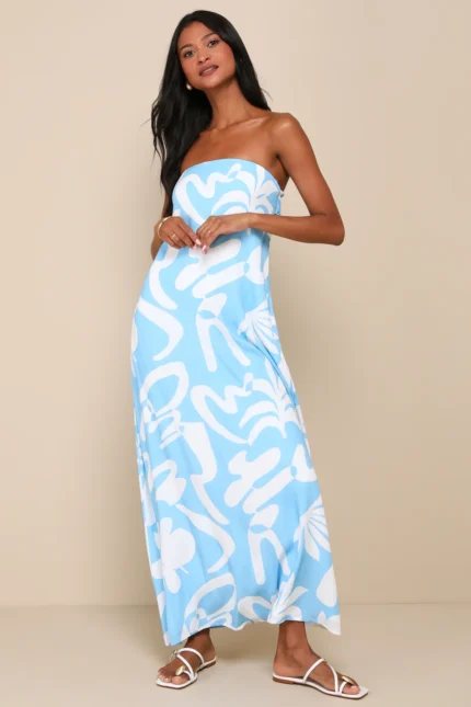 Abstract Strapless Maxi Dress