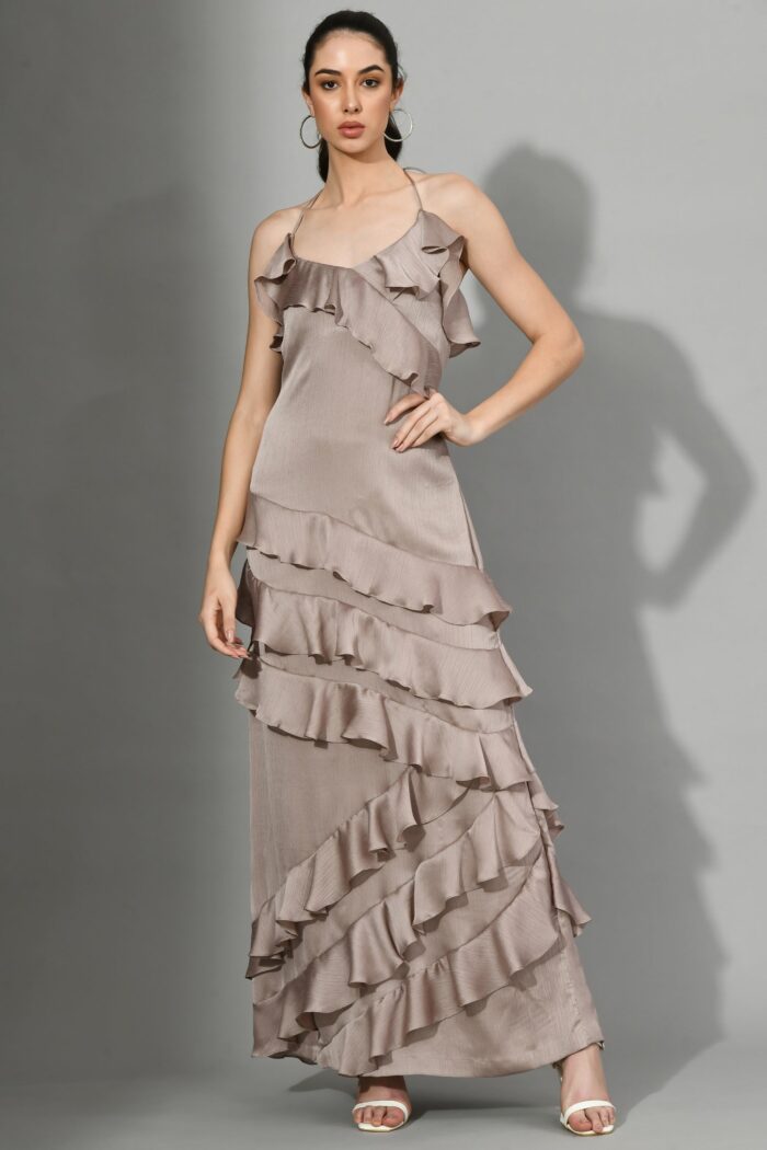Ada Satin Chiffon Sweetheart Neck Layered Ruffle Gown for Women – Movel ...